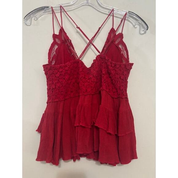 Free People FP Adella Cami Red Crochet Small Strappy Smocked Tiered - Picture 3 of 6